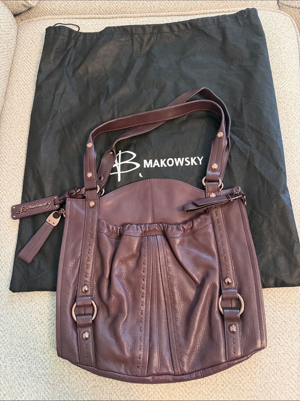 B. Makowsky Women's Leather Shoulder Bag in Deep Plum / Leopard interior & gold